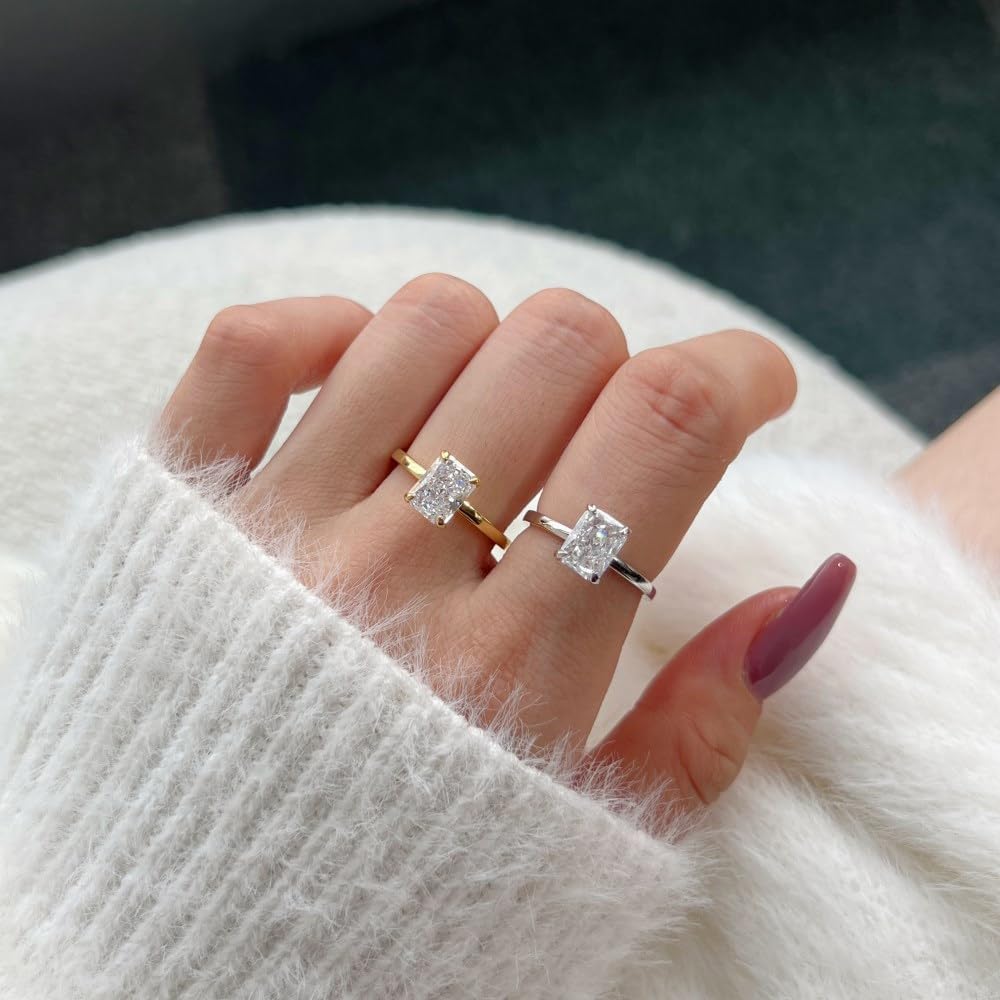 2CT Lab Grown Diamond Wedding Band, Radiant Cut Engagement Rings for Woman, D Color VVS1 18K White Yellow Gold Vermeil Promise Ring, Simulated Diamond Ring