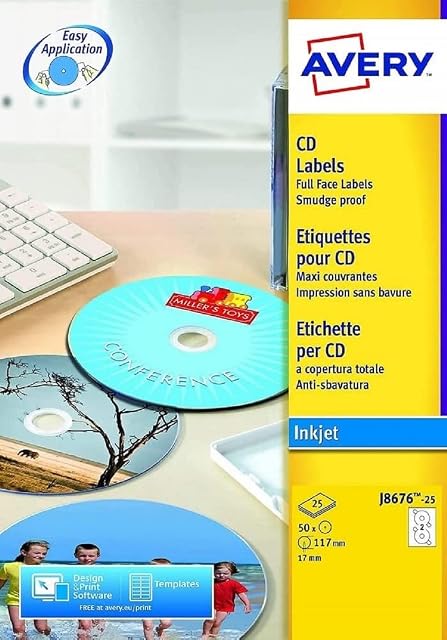 Avery J8676-25 Self-Adhesive Full Face CD Labels, 2 Labels Per A4 Sheet, White