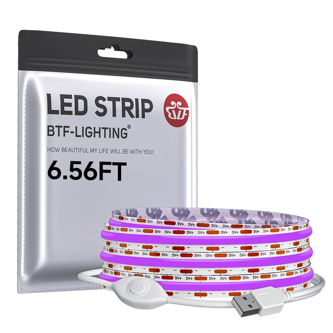 BTF-LIGHTING FCOB COB LED Strip Lights 5V USB Powered Purple Color for TV