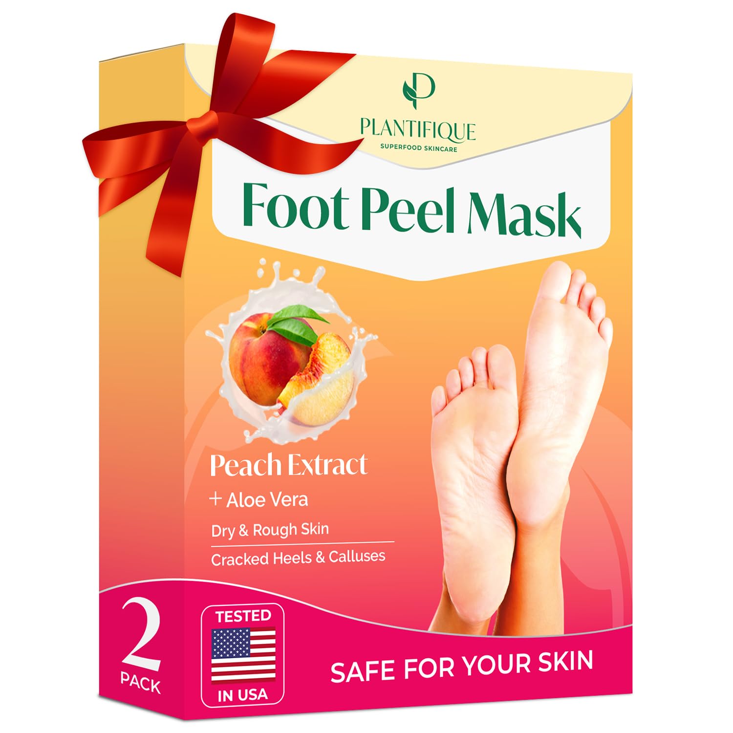 PLANTIFIQUE Foot Peeling Mask 2 Pack | Dermatologically Tested Repairs Heels & Removes Dry Dead Skin for Baby Soft Feet | Exfoliating Foot Peel Mask for Dry Cracked Feet | Peach