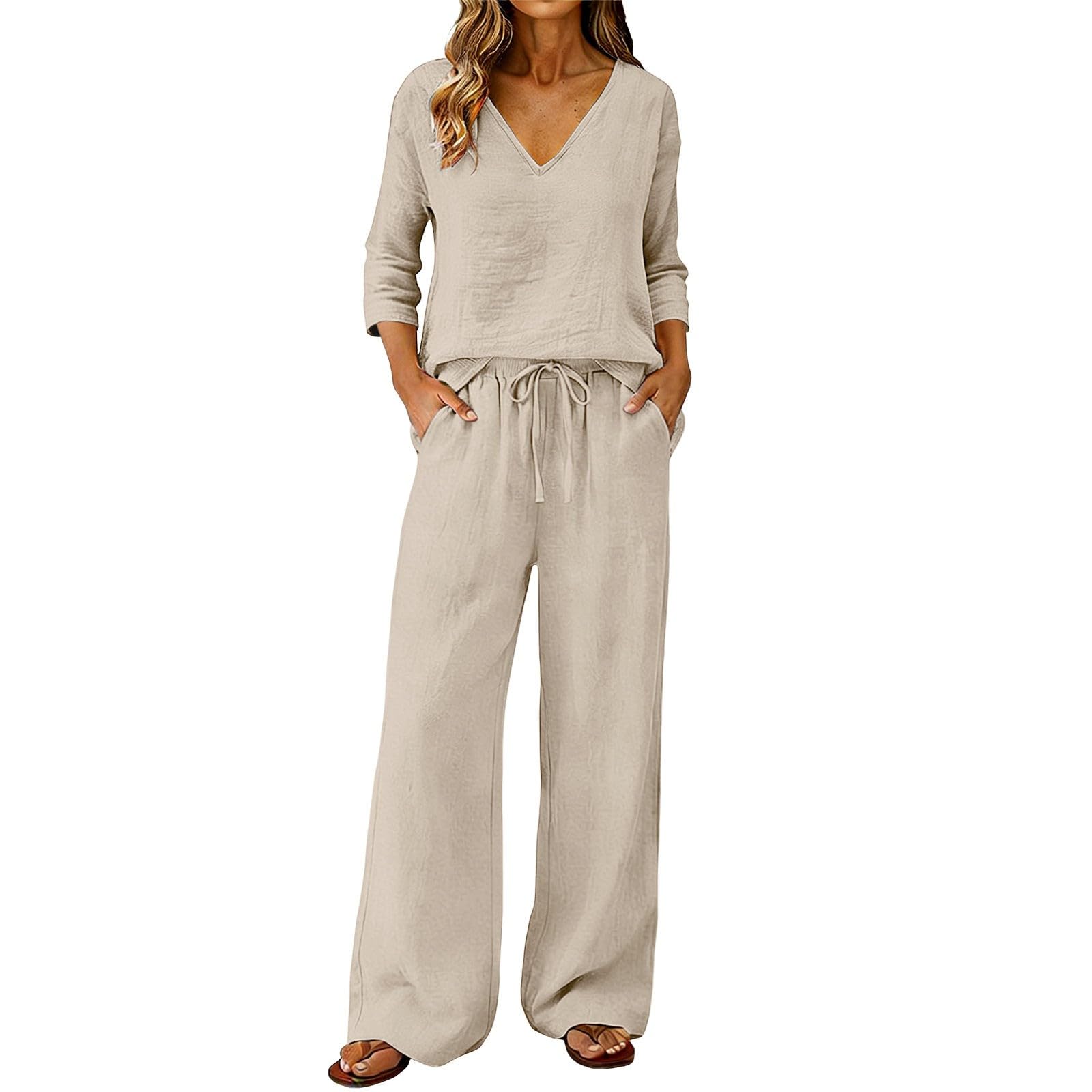 Ensemble En Lin Femme 2 Pieces Chic Et Elegant Léger Été Loungewear De Jogging Maison Ample Lâche Avec Cordon Serrage Décontractée Demi-Manche Chemise Col V Pantalon Large Fluide Tenue Grande Taille