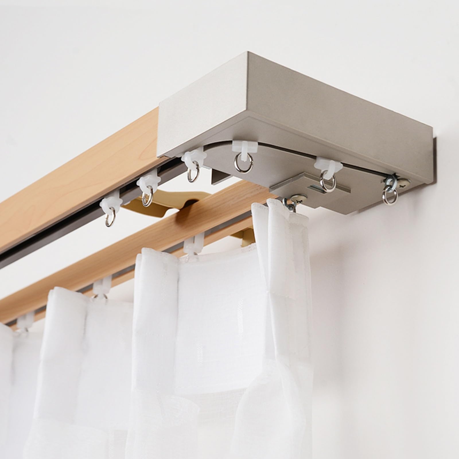 Wytrzymałe podwójne karnisze, aluminiowy, cichy system szyn z wykończeniem słojów drewna, 200 cm, do rozdzielacza pomieszczenia, gładkie, ciche rolki dla łatwej obsługi