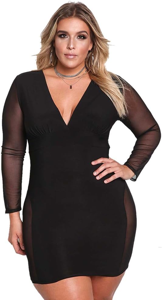 ROSIANNA Women's V-Neck Lace Mesh See Through Perspective Bodycon Clubwear Mini Short Plus Size Night Party Dresses