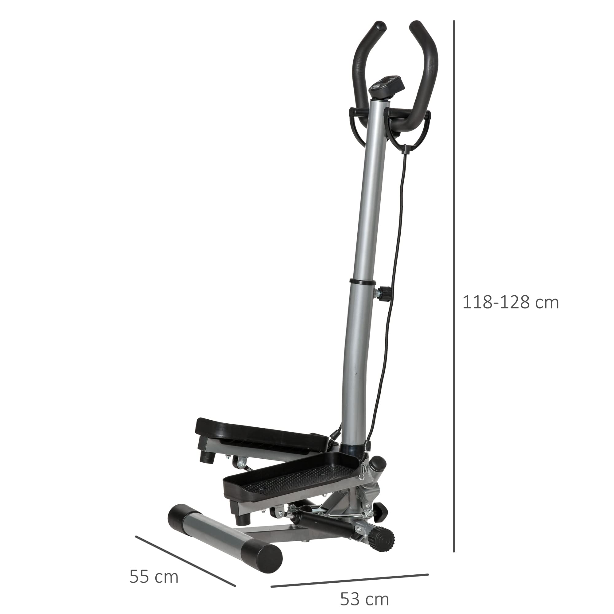 HOMCOM Stepper con Manubrio Regolabile, Impugnature Antiscivolo ed Elastici, Step Fitness con Monitor LCD per Casa e Palestr