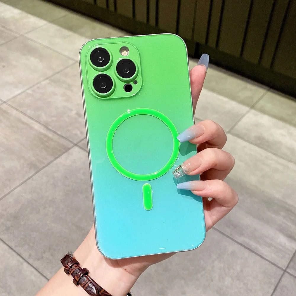 Custodia per telefono con ricarica wireless luminosa e luce notturna per iPhone 15 12 13 11 14 ProMax, colore sfumato, verde, per iPhone 12 Pro Max