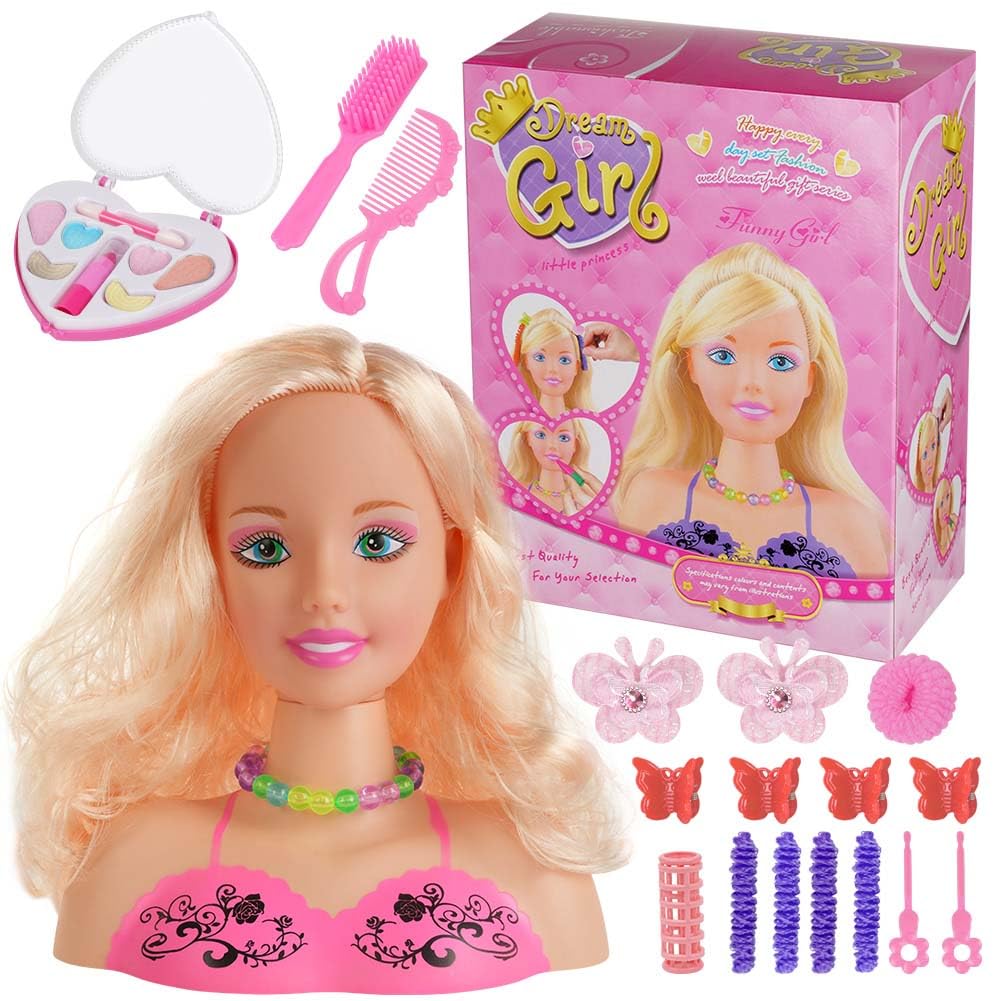 HOTUT Cabeza de muñeca de peluquería y Maquillaje para niños, 17 Piezas de Juguete de Cabeza de Peinado con Accesorios para el Cabello, Juguetes de muñeca de Peinado niñas