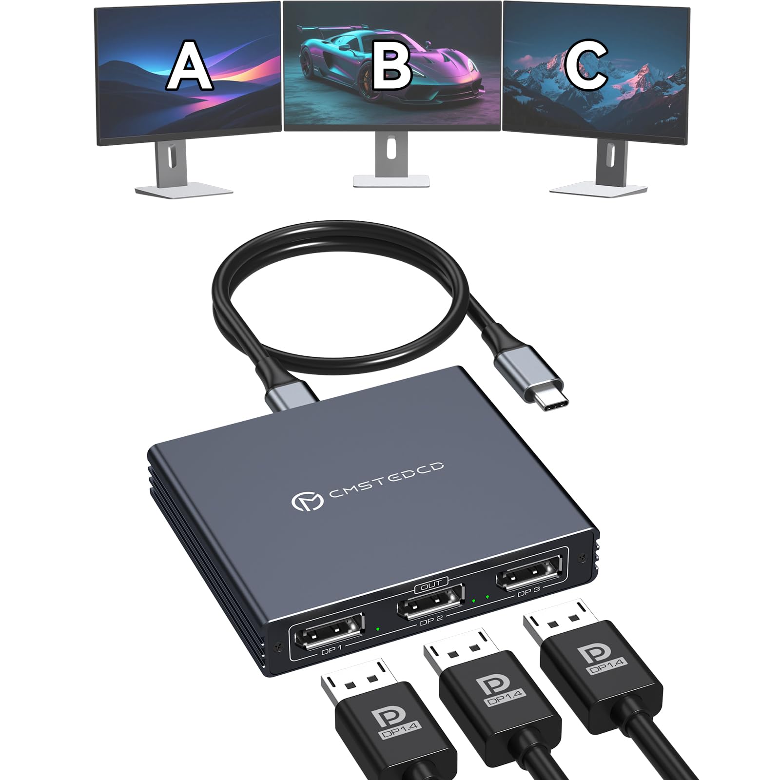 USB C to DisplayPort Splitter 4K@60Hz DisplayPort MST Hub for Triple Monitors with 100W PD Supports Extended Mirror Mode (Mac OS Only Mirror) Compatible with Thunderbolt 3/4/5 Laptops Windows
