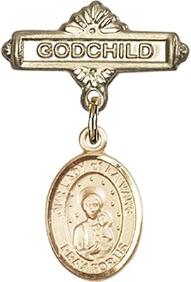 14kt Yellow Gold Baby Badge with Our Lady of la Vang Charm and Godchild Badge Pin 1 X 5/8 inches