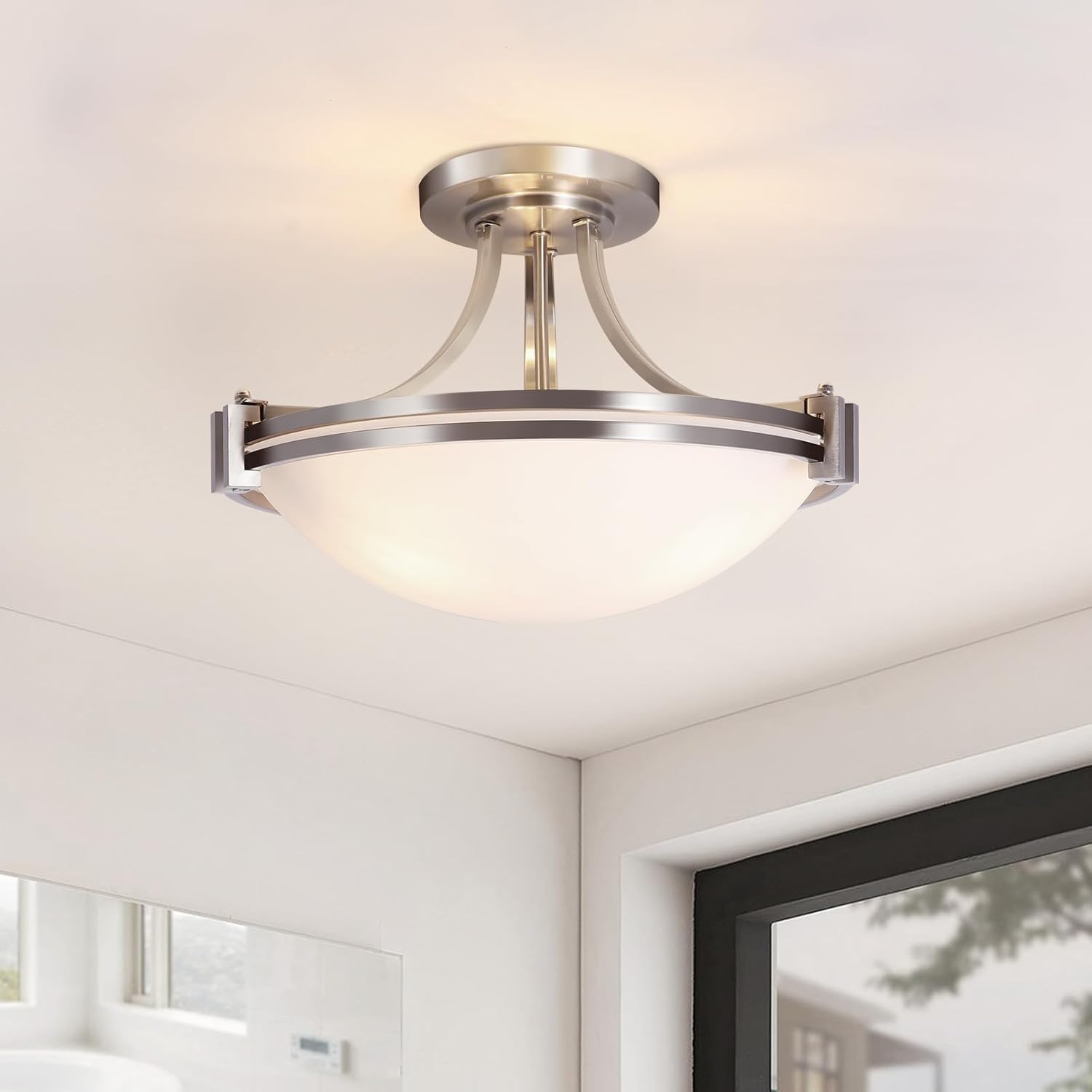 Bektas Semi Flush Mount Ceiling Light Fixture,16inch Brushed Nickel Flush Mount Ceiling Light with Milk Glass for Bedroom,Kitchen,Bathroom,Hallway,Foyer,Living Room,Dinning Room(3-Lights) 16in Brushed Nickel