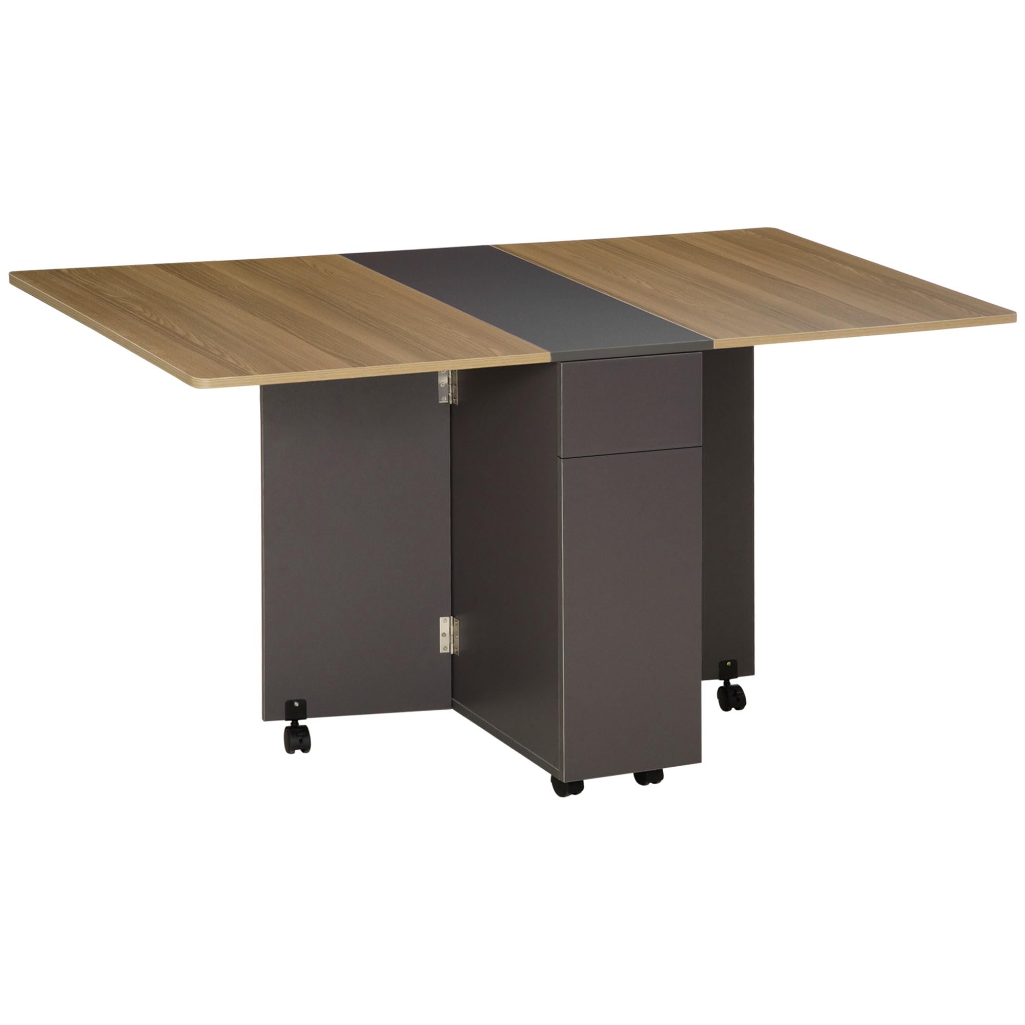 HOMCOM Klappbarer Esstisch auf Rollen mit Stauraum 2 Schubladen und 1 Schrank 76 x 140 x 74 cm Grau und Naturholz