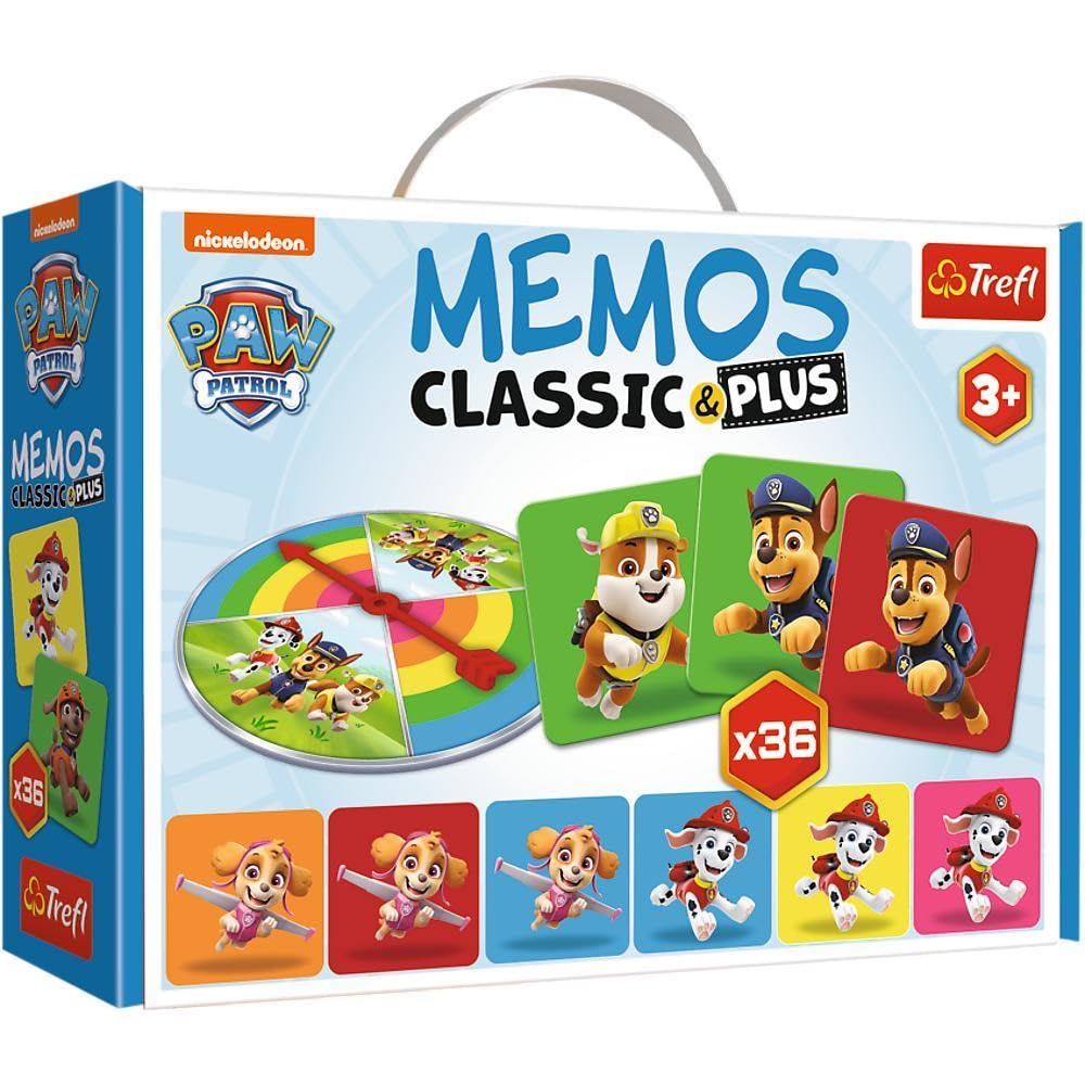Trefl - Memos Classic & Plus, PAW Patrol - Edukacyjna Gra Pamięciowa dla Maluchów, Odnajdywanie Par Obrazków, Różne Warianty Zabawy, Tarcza Losująca, Gra Memory z Bohaterami Bajki dla Dzieci od 3 lat