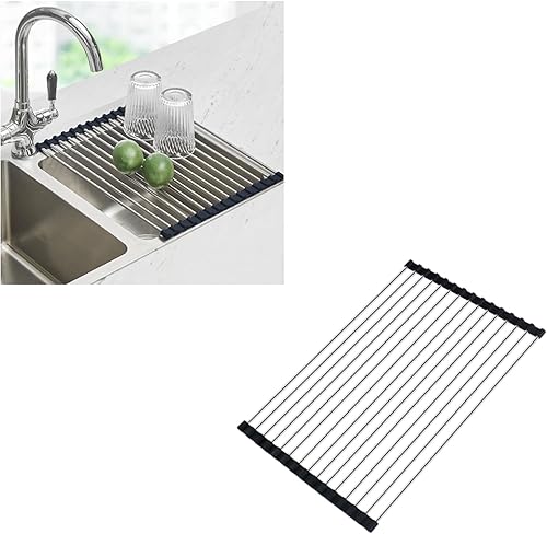 Seropy Escurridor de platos enrollable sobre el fregadero de 17.5 x 11.8 pulgadas + negro de 20.5 x 11.8 pulgadas sobre el fregadero, escurridor de