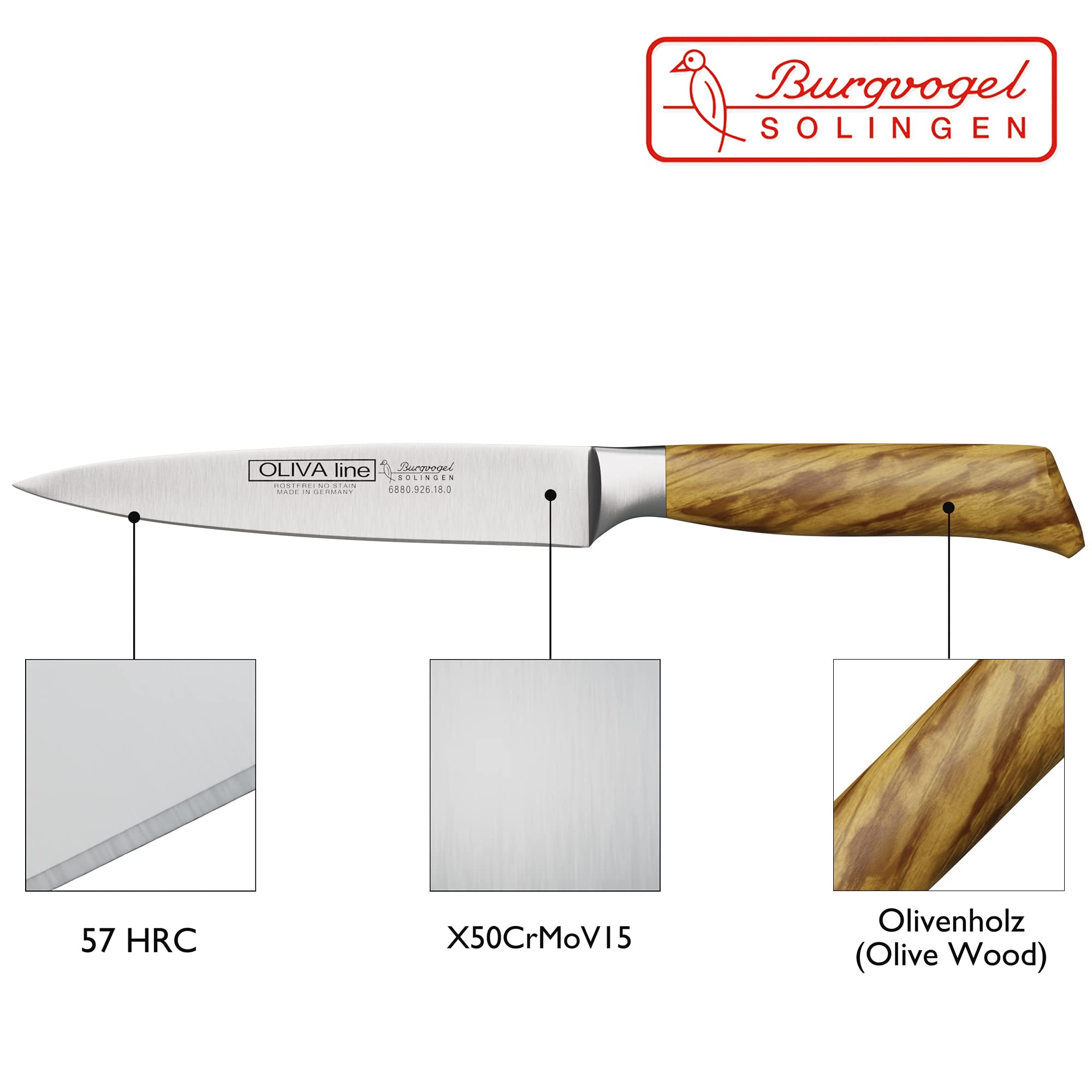 Burgvogel Solingen Tranchiermesser geschmiedet Olivenholz, Oliva Line, rostfrei, deutsches Aufschnittmesser, hell, scharf Schinkenmesser Olivia Line (7 Zoll = 18cm) braun beige