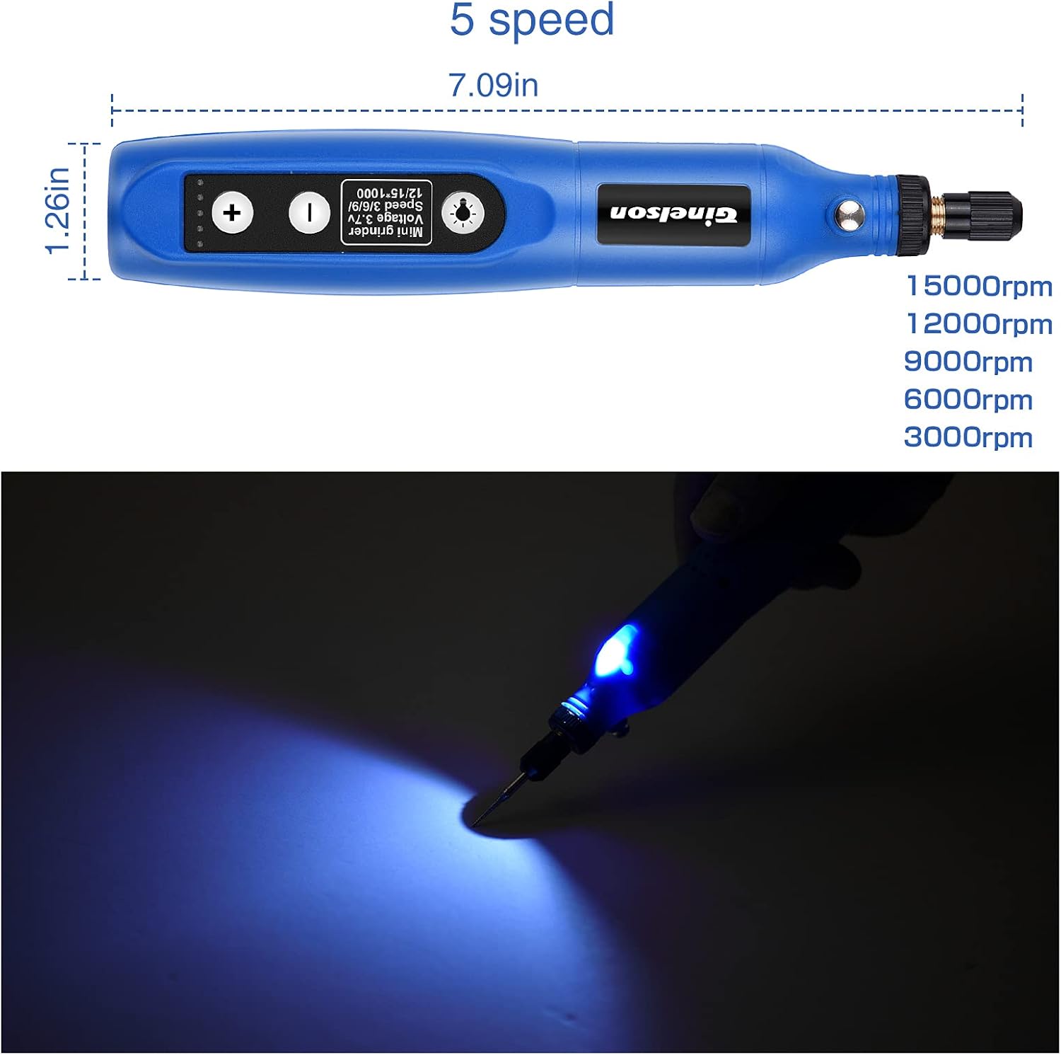 GINELSON Cordless Rotary Tool, 3.7V Li-ion Mini Rotary Accessory Kit with LED Light, 5-Speed and USB Charging Power Tool with 60 Accessories for Drilling, Engraving, Sanding, Polishing, and Cutting - - 