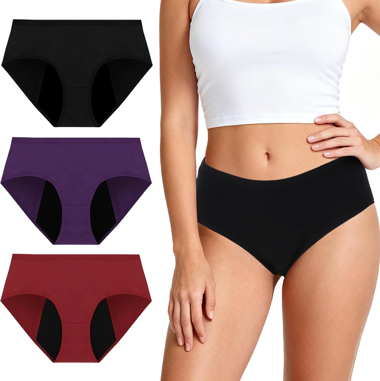 Period Underwear for Women, Cotton Panties Washable& Reusable, 60ML High Leak Proof Underwear, Breathable Briefs for Period/Incontinence/Postpartum Multicolor- 3pack-3XL