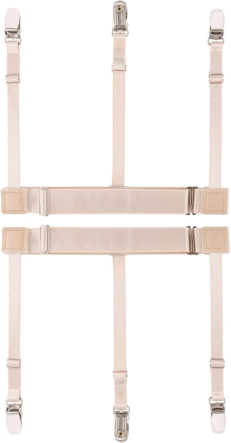 Men Shirt Stays Adjustable Elastic Shirt Garter Shirts Holder with Non-slip Locking Clamps for Police Military (Beige)