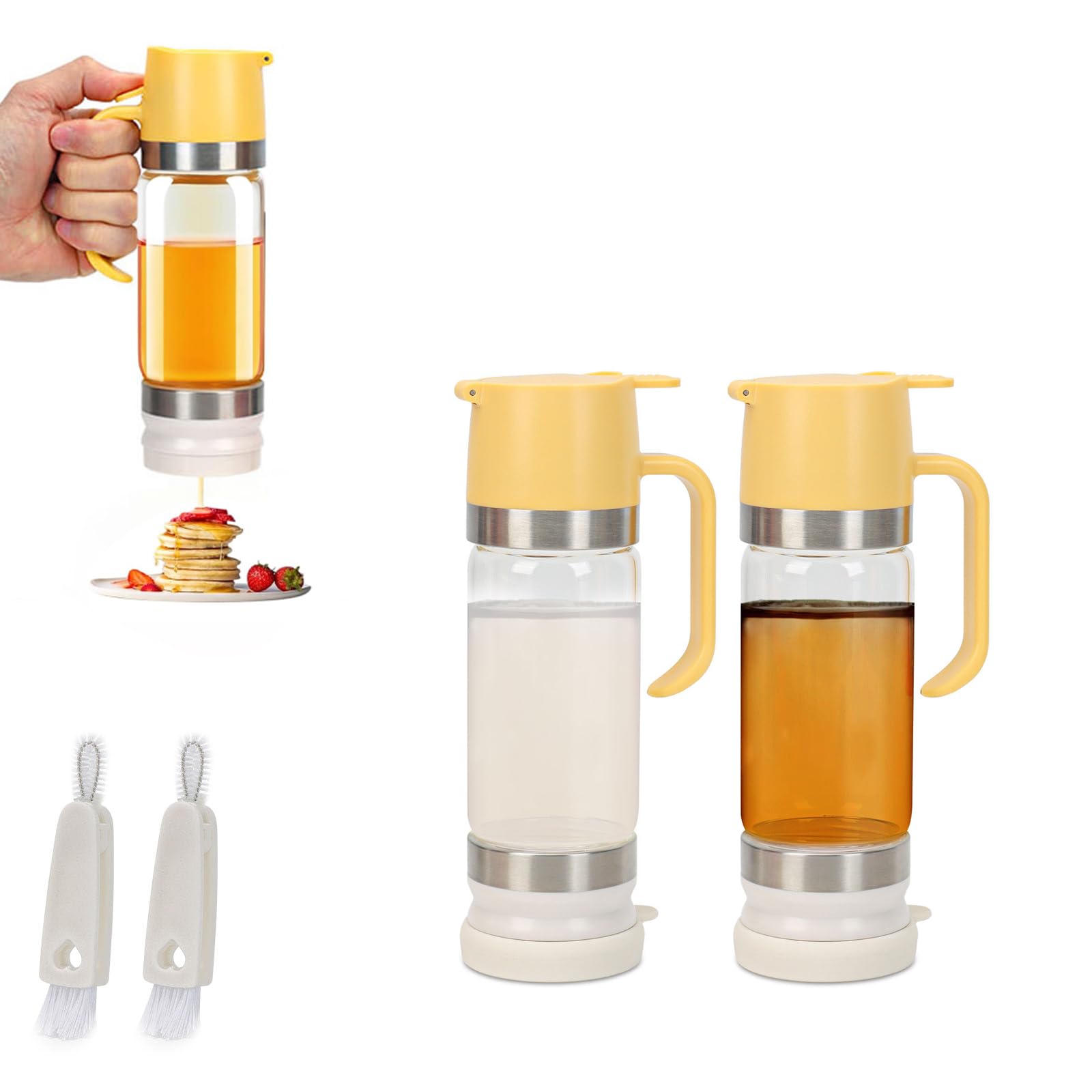 Honigspender aus Glas mit Silikonboden, kein Tropfen, Honigbehälter, Ahornsirupspender mit Griff, für Pfannkuchen, Kaffee oder Tee, Gelb, 2 Stück