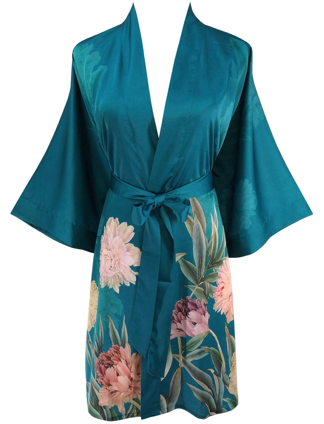 Ledamon Bata corta tipo kimono para mujer, bata de baño clásica floral, Verde oscuro-a, talla única
