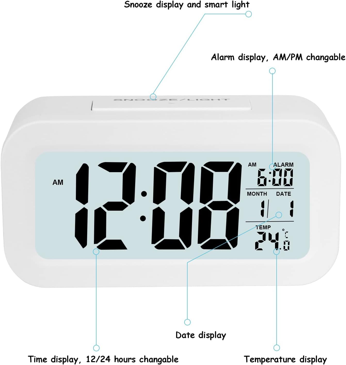 JOPHEK kadio Digital Alarm Clock for Bedside Battery, Smart Alarm Clock with Temperature Date Snooze, Digital Alarm Clock for Children Adults Bedroom Home Office, ABS, 14x5 Cm, White