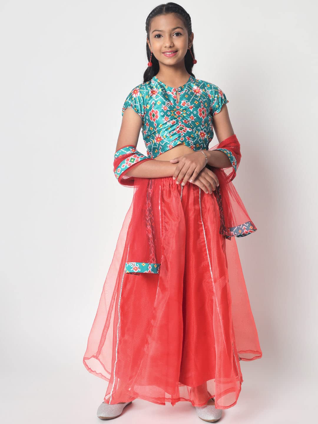 studio rasa Girls Organza Embellished Kalidaar Kids Skirt for Wedding Party Festive(GSC12303/7-8_Red_7-8yrs) 4