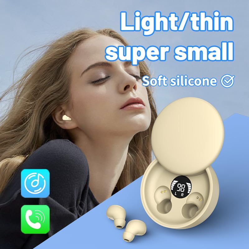 Mini Invisible Bluetooth Earbuds,Ultra-Light Comfort Fit Sleep Headphones for Side Sleepers,Mini Noise Blocking Sleep Earphones,Bluetooth 5.4 Wireless Earbuds for Sleeping, Working, (Khaki)