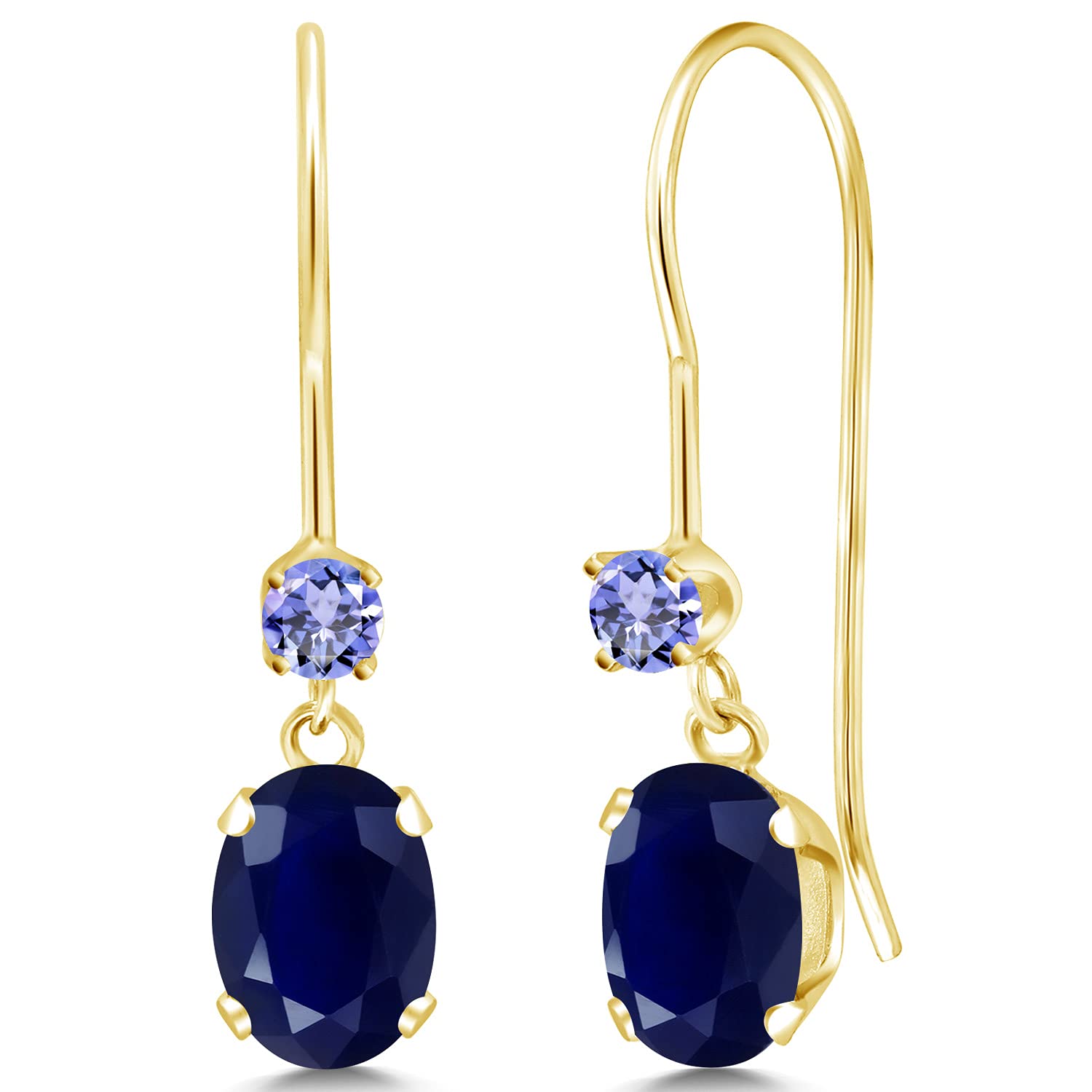 Gem Stone King 14K Yellow Gold Blue Sapphire and Blue Tanzanite French Wire Dangle Earrings For Women (1.26 Cttw, Gemstone September Birthstone, Oval