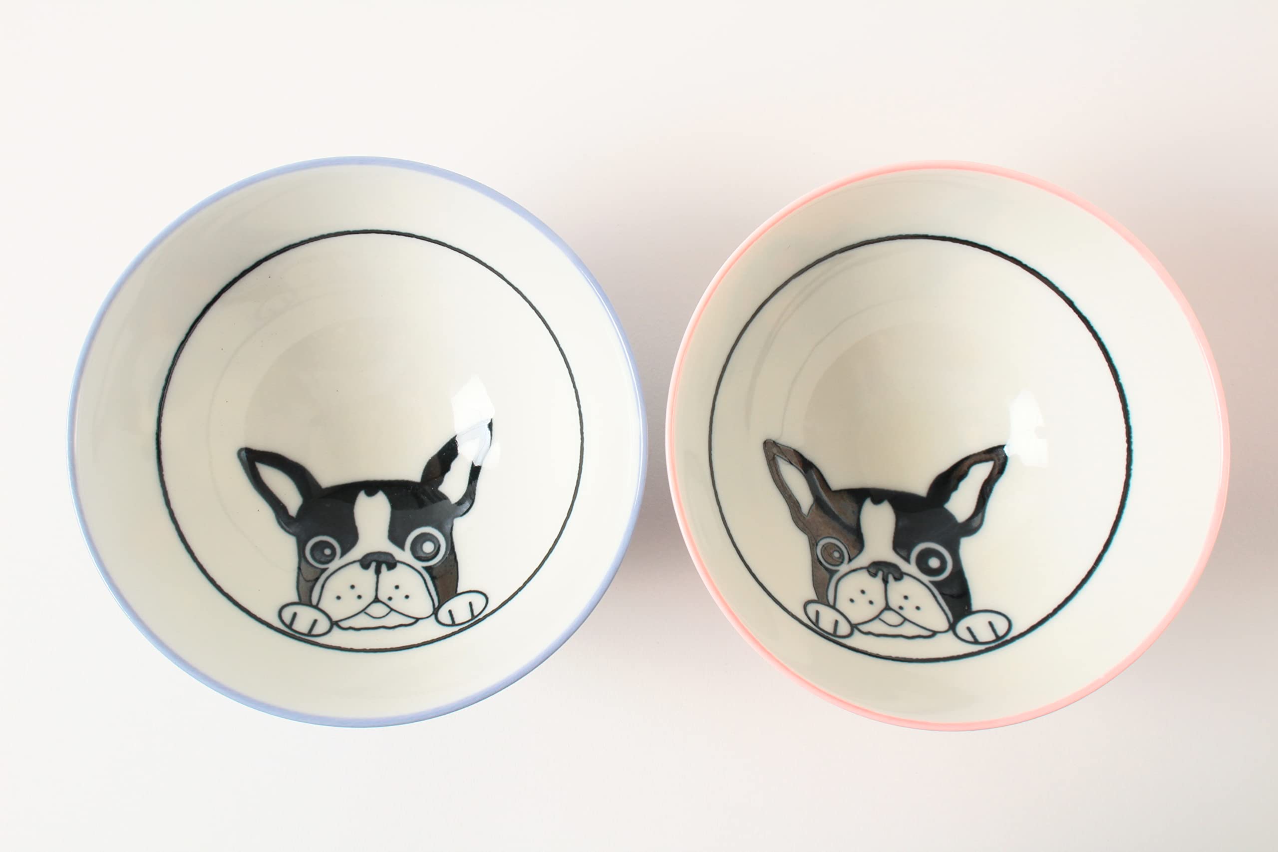 Mino ware MIG007 - Cuenco de arroz de cerámica japonesa, diseño de bulldog francés, color azul y rosa, fabricado en Japón (importado de Japón)