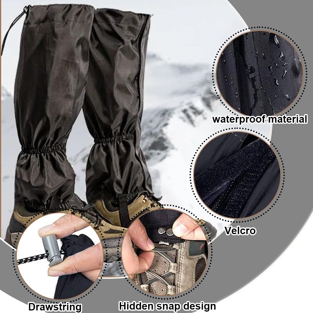 Polainas Impermeables Senderismo Ajustables Transpirables para Hombre Mujer Caza Esquí Montañismo Negro