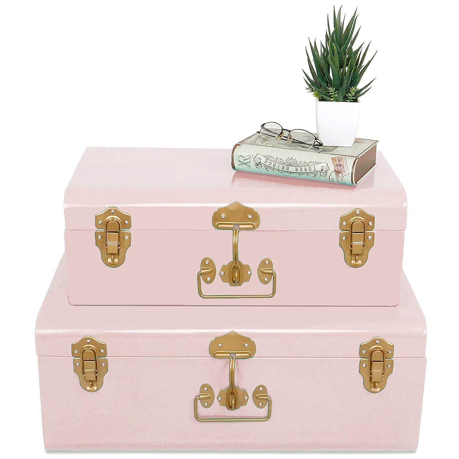 Elan Vintage Style Buxa Metal Rectangular Trunk Set of 2 with Gold Accessories/College Dorm & Bedroom Footlocker (Light Pink)