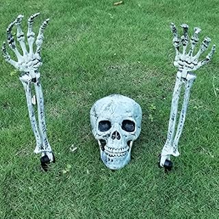 Chnaivy 3Pcs Halloween Skeleton Decorations Fake Skeletons Spooky Decor for Indoor Outdoor Skull Skeleton Head & Arms Lawn Stakes Halloween Props Groundbreake Cemetery Coffin Creepy Party Supplies