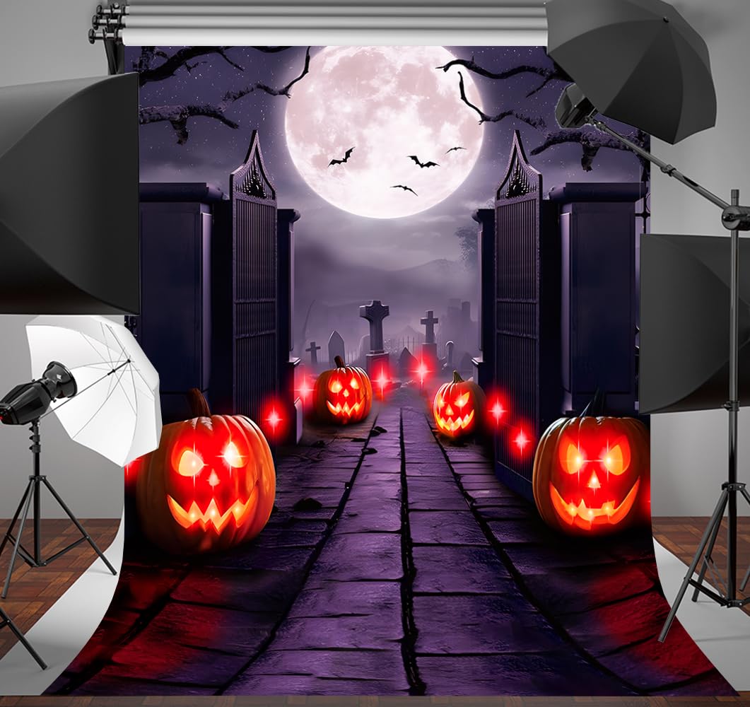Halloween-Hintergrund „Gruseliger Friedhof“ – 3 X 2,4 M, Vinyl, Mit Vollmond & Eisentor, Für Partys & Dekoration