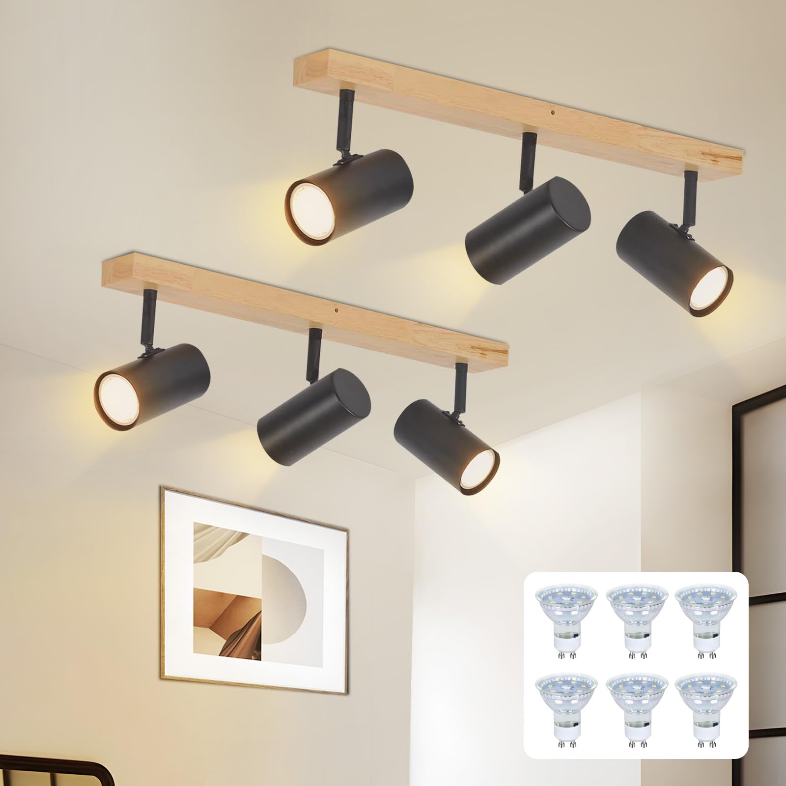 Glitzerlife Lampa Sufitowa 3 Płomień Światło Sufitowe Drewno 2ER Sufitowa | Przedpokój Czarna Metal Nowoczesne Gniazdo Obrotowy Spot Sufitowy 350° Salonu Sypialnia Kuchnia z 6x 4.8 W GU10 żarówki