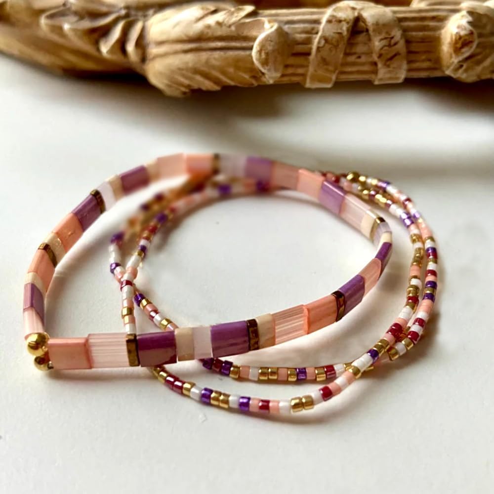 Boho 3Pcs Tila Flat Seed Beads Stack Bracelets Set for Women, Romantic Handmade Cute Gold Plated Paperclip Link Colorful Glass Ball Stretch Accessories Jewelry, Party Friendship Gift - Image 3