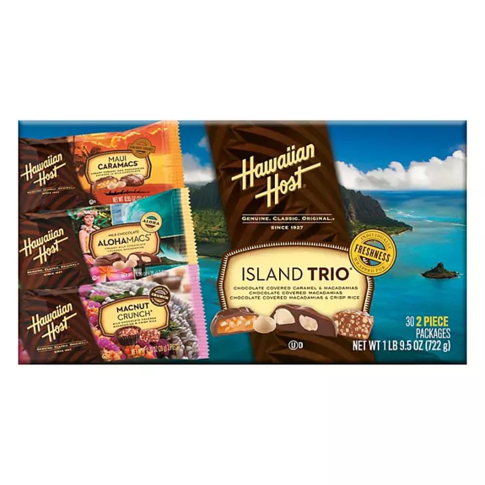 Hawaiian Host Island Trio – Maui Caramacs, AlohaMacs Milk, and MacNut Crunch – Chocolate Covered Macadamia Nut Gift Box – Premium Hawaiian Treats (30 Individually Wrapped Pieces)