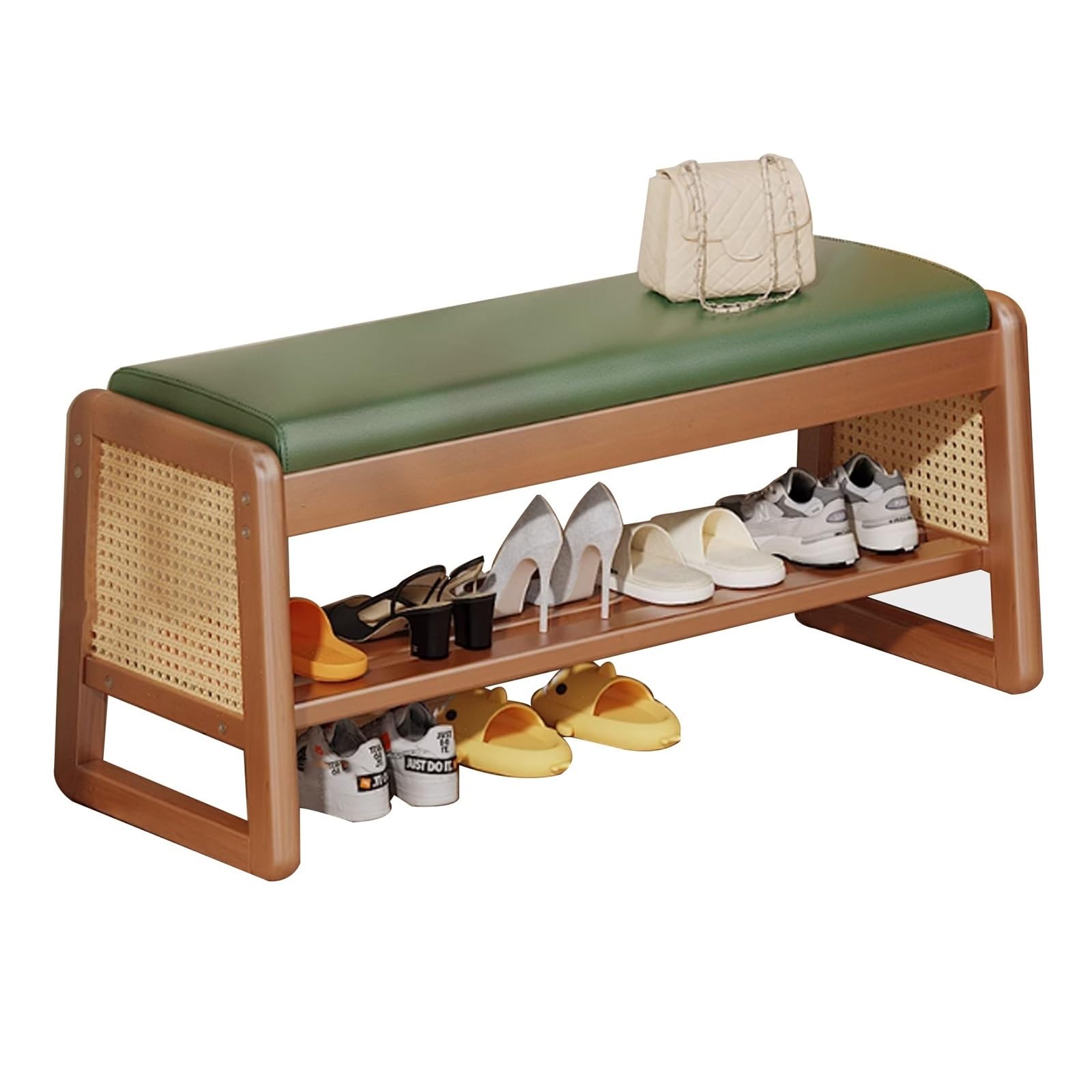 Étagère à chaussures en bois avec rangement et banc d'entrée rembourré vert 100 cm