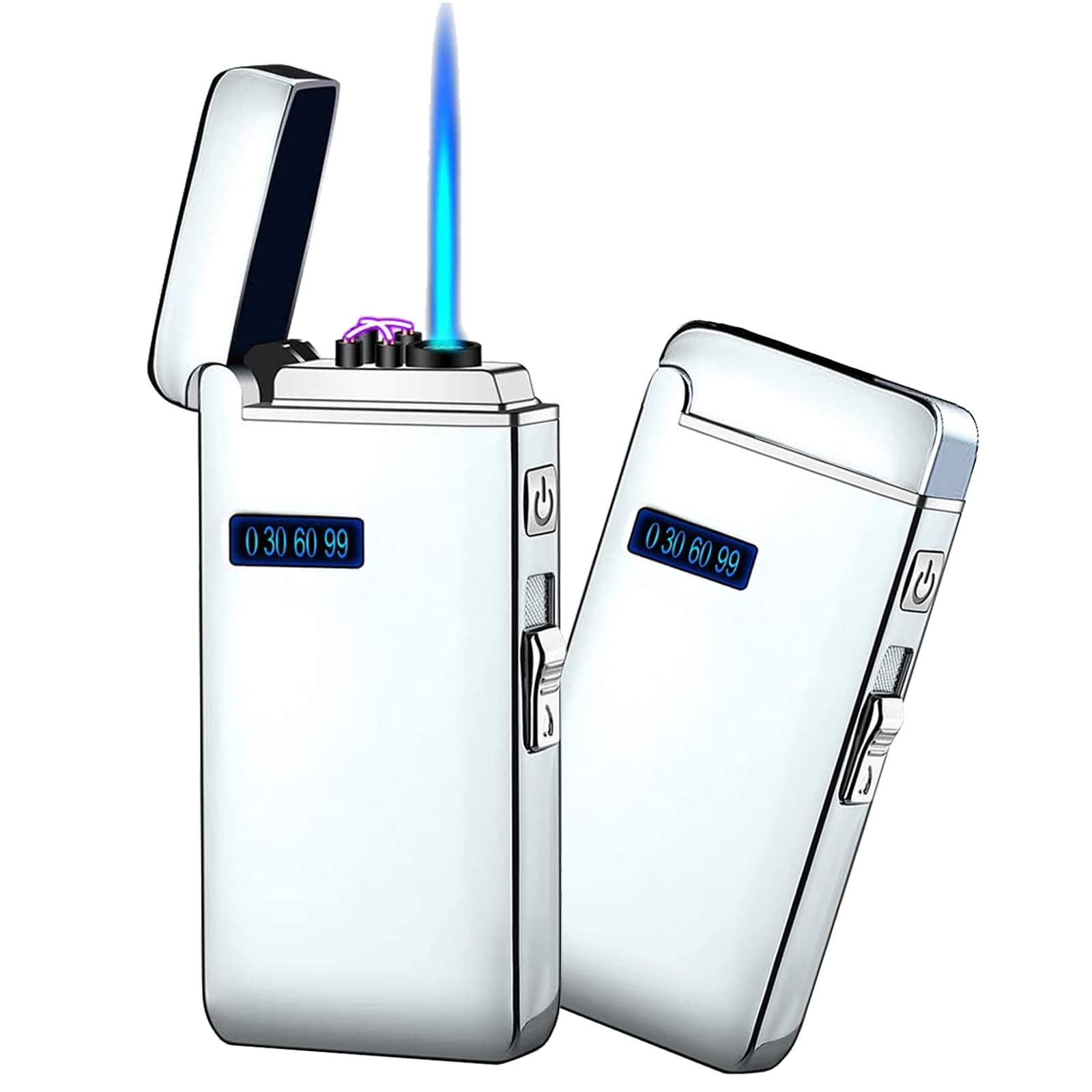 Electronic Lighter Jet Flame Torch Lighters 2 in 1, Refillable Butane Electric USB Rechargeable, Premium Windproof with LED Display Power Infinity for BBQs,Candle,Camping Indoor (Silver Ice)