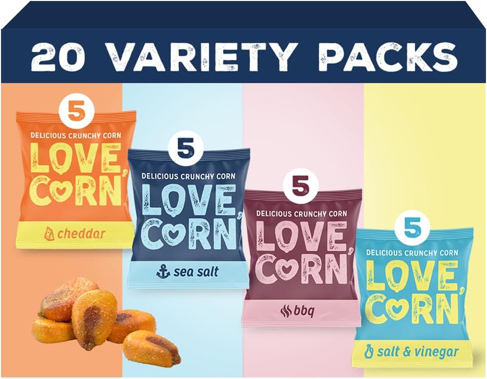 LOVE CORN Family Favorite Sea Salt, BBQ, Salt & Vinegar, Cheddar | Delicious Crunchy Corn Snacks | .07oz x 20 Gluten Free, Vegan Bags | Convenient for Lunch Boxes, Commuting & Office Snacks