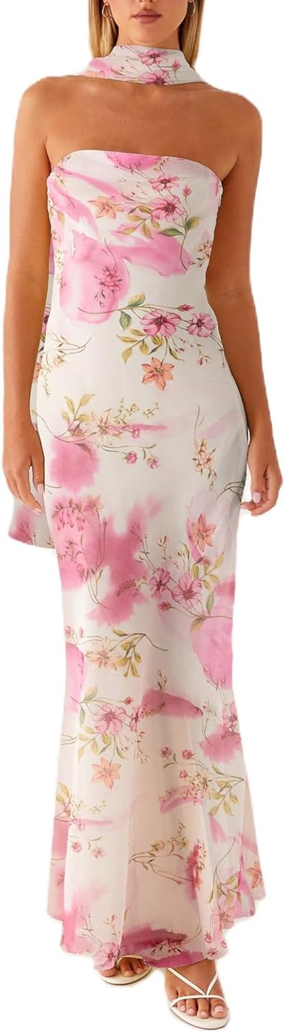 Women Floral Tube Maxi Dress with Scarf Summer Strapless Tube Bodycon Mesh Layer Cocktail Party Wedding Guest Dress