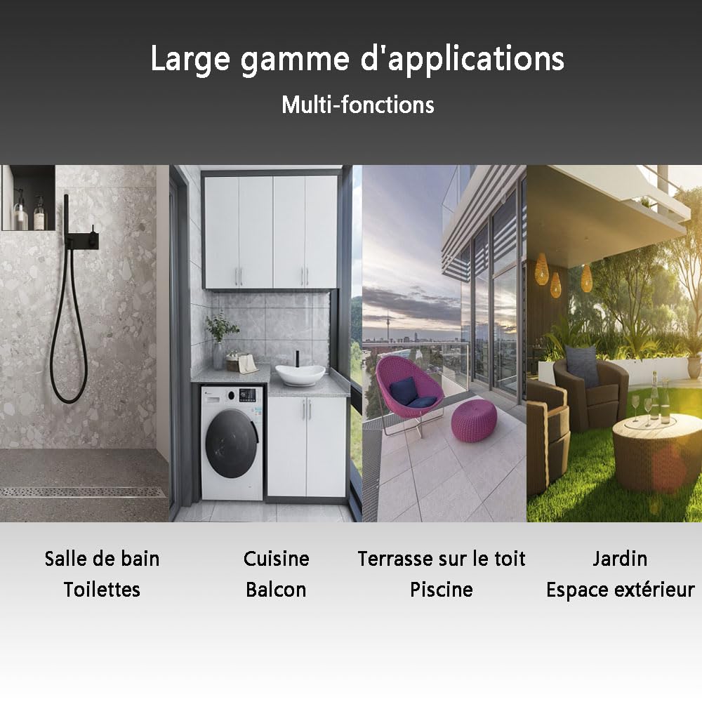 Caniveau de Douche 360° siphonné avec Appareil désodorisant et Filtre à Cheveux, Caniveau de Douche Italienne Noir, Drain de Sol 90cm