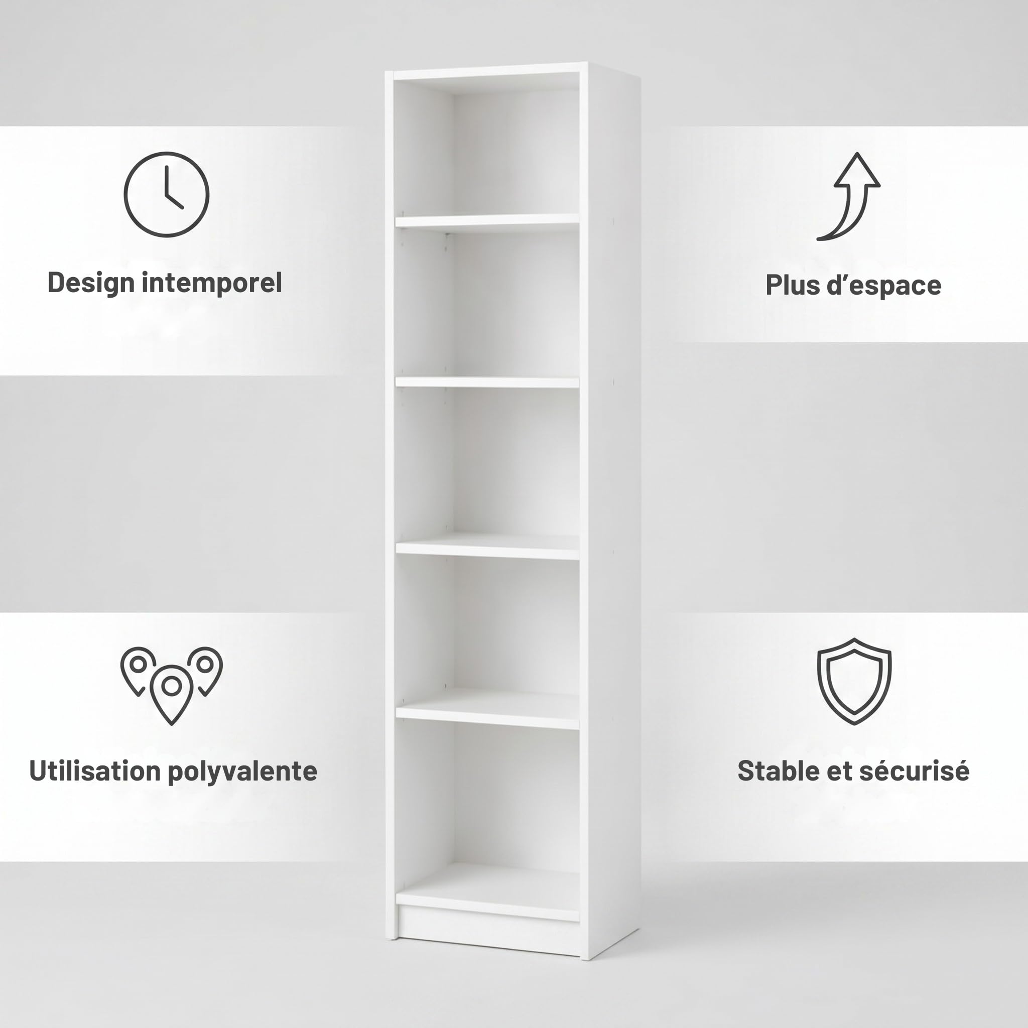 Bibliotheque étroite 50x31x183cm, Meuble bibliotheque Blanc, Etagere Rangement 5 Niveaux, Colonne Rangement Moderne, Etagere bibliothèque Ouverte pour Salon, Bureau, Chambre