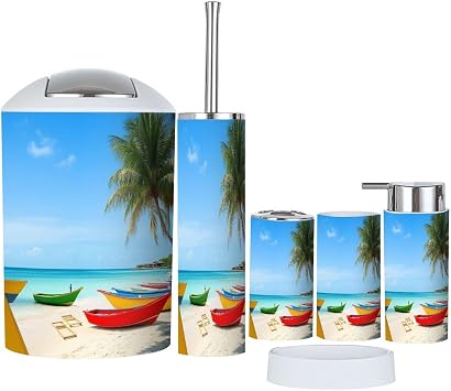 Bathroom Accessories Set 6 Pcs Puerto Rico Crash Beach Boats Horizontal Toothbrush Holder Cup Soap Dispenser Soap Dish Toilet Brush Holder Trash Can for Countertop Decor