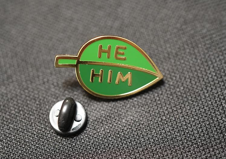 Image of He Him Pronoun Brooch Button Non-Binary Badge Enamel Lapel Pin - Green Leaf NB Pride Genderqueer Gender Identity Pin