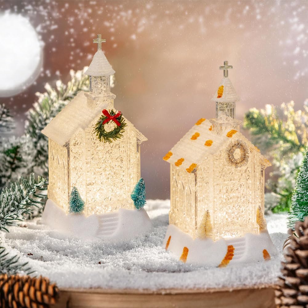 2 Pcs Christmas Lighted Church Houses,8.5 in White Christmas Village House with Led Lights, Trees,Wreath and Cross Steeple,Church Themed Plastic Xmas House Figurines for Mantel Desk Shelf