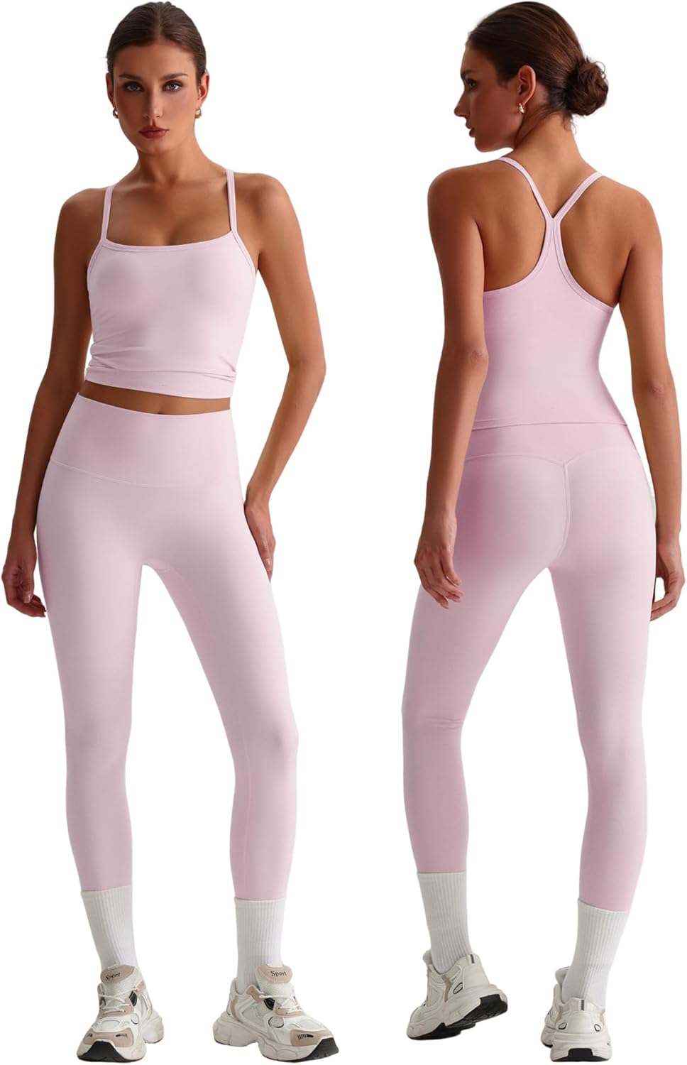 Women 2 Piece Workout Sets Padded Criss Cross Back Crop Tank High Waist Tummy Control Active Leggings Sets Yoga Outfit