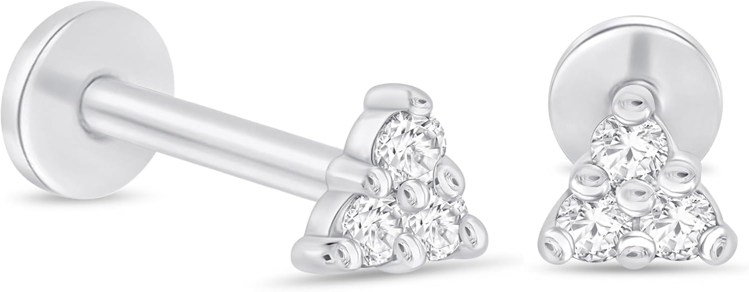 14K Solid Gold Natural Diamond Trio Stud Earring Flat Back Earring Cartilage Piercing Threaded Upper Earlobe Tragus Helix Piercing Jewelry for Men Women Nose Ring (18 G) Minimalist SINGLE STUD or PAIR