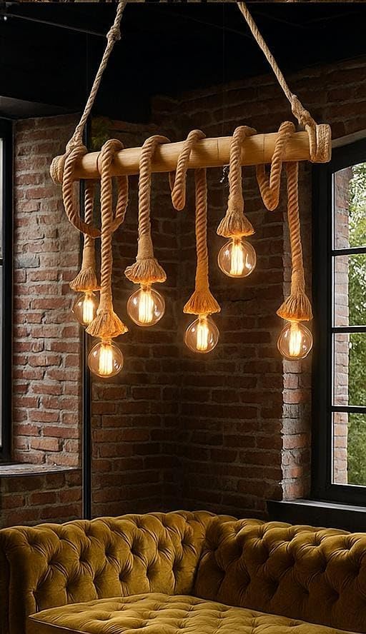 Image of GreyWings Rustic Jute Rope Hanging Light with Wooden Beam 6 Light Pendant Ceiling Lamp Farmhouse Hanging Light for (Bulb not Included), Pack of 2