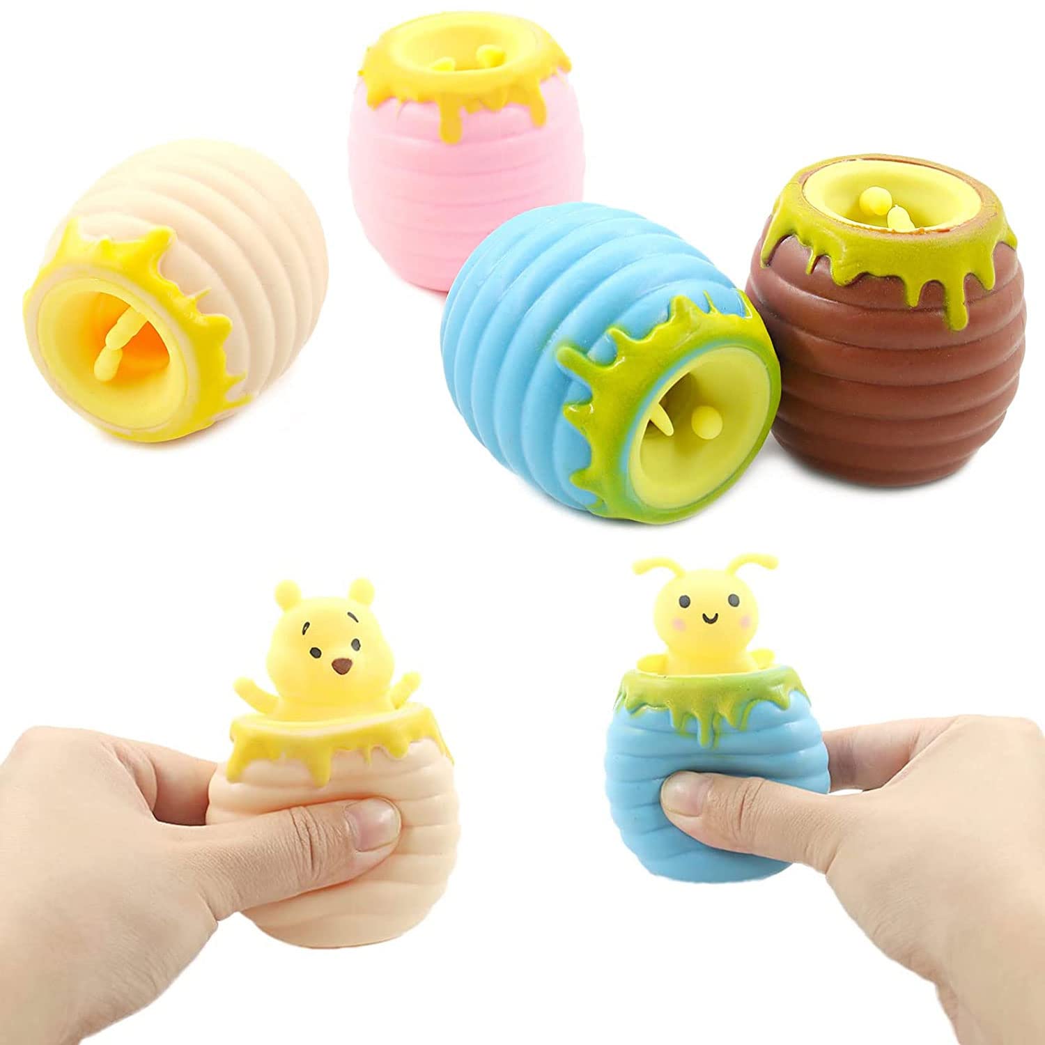 ExceforeSensory Fidget Toys, Squeeze Honey Pot (Bee, Bear) Stress Ball, Miniature Novelty Toys, Decompression Exhaust Toy for Children and Adults (Honey Pot, 4Pieces)