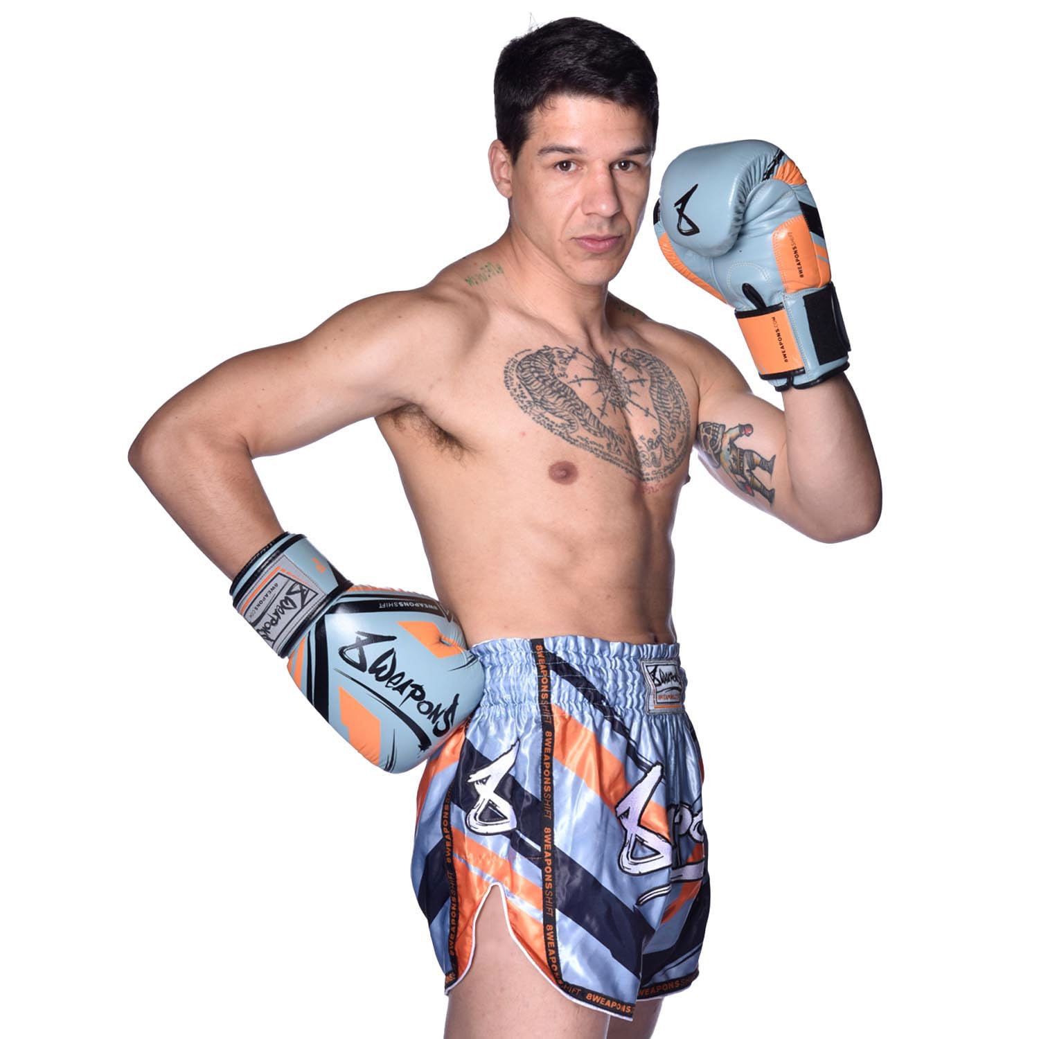 8 WEAPONS Muay Thai Shorts Shift, Eisgrau-Orange, Kickboxhose für Training & Wettkampf, Thaibox Shorts Satin, Atmungsaktiv, Langlebig, Kampfsporthose für MMA, K1, Boxen, Thai Boxen