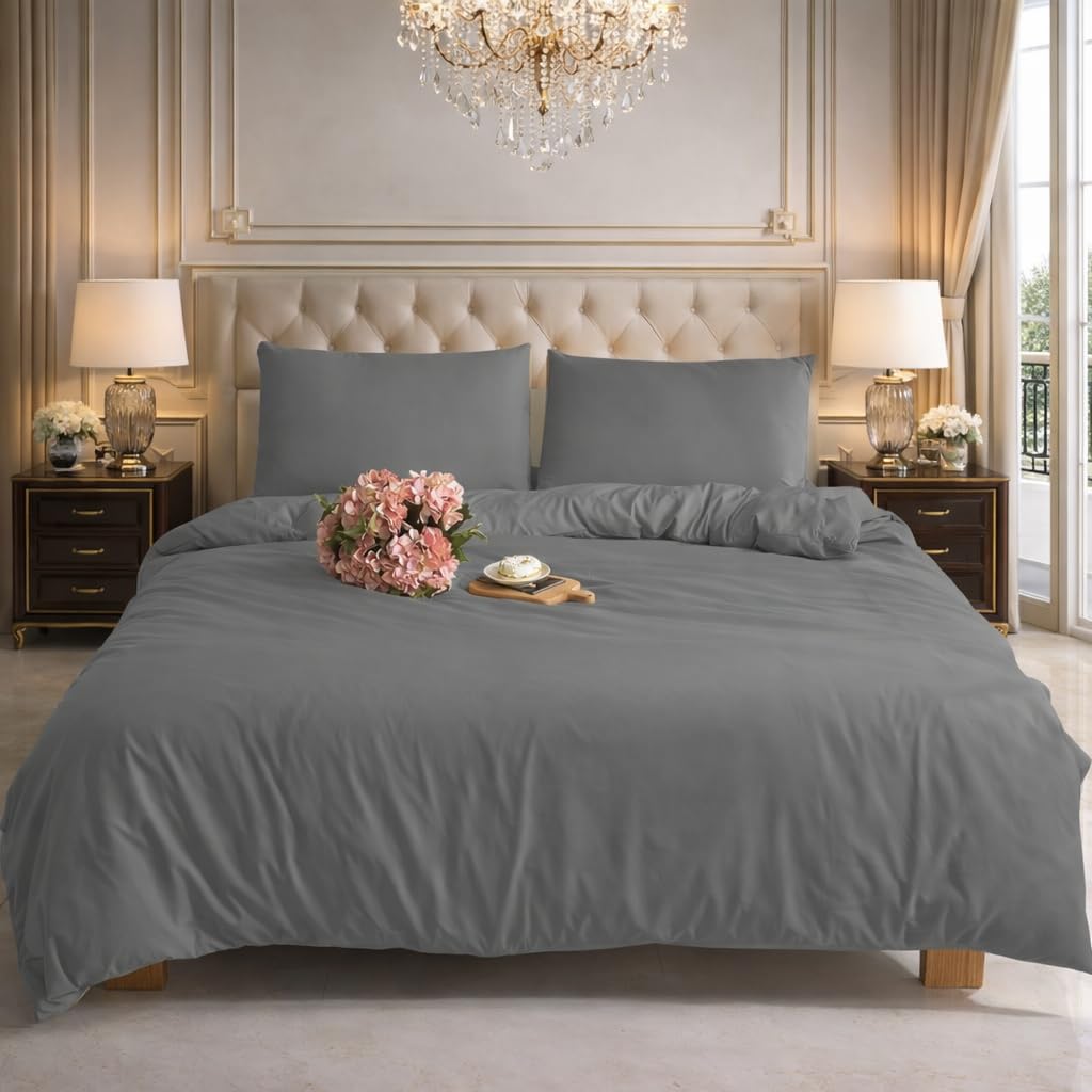 Charkhah Grey Double Size Duvet Cover Set | Soft Microfibre Bedding Set With 2 Pillowcases | Reversible Quilt Cover With Zip Closure | Easy Care, Breathable | Uk Size 200 X 200 Cm