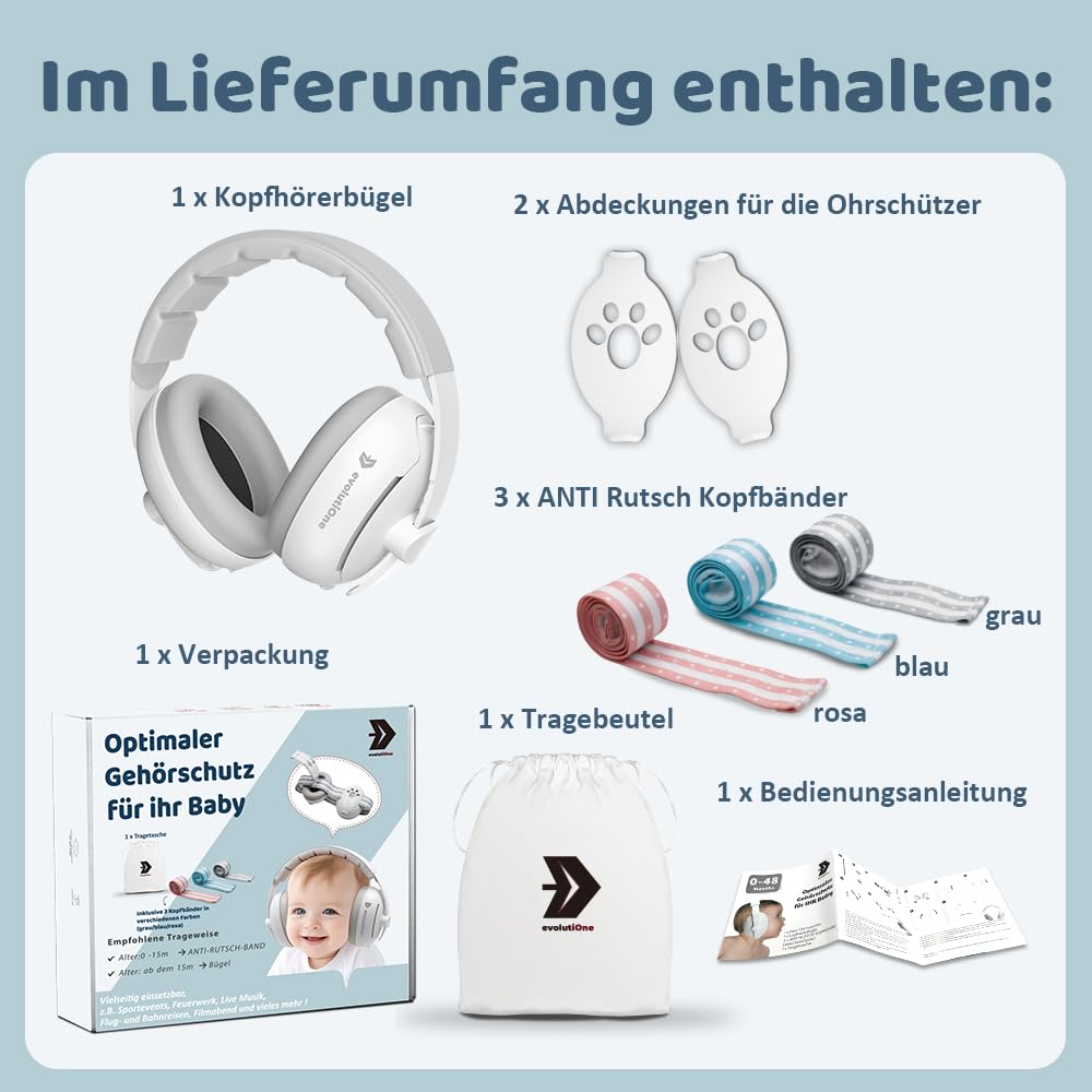 2in1 Baby Gehörschutz Kopfhörer Lärmschutz - Kopfband und Kopfhörerbügel verstellbar - Alter 0-48 Monate - Lieferumfang inklusive 3 ANTI-RUTSCH Kopfbänder in BLAU/ ROSA/ GRAU + Tragetasche